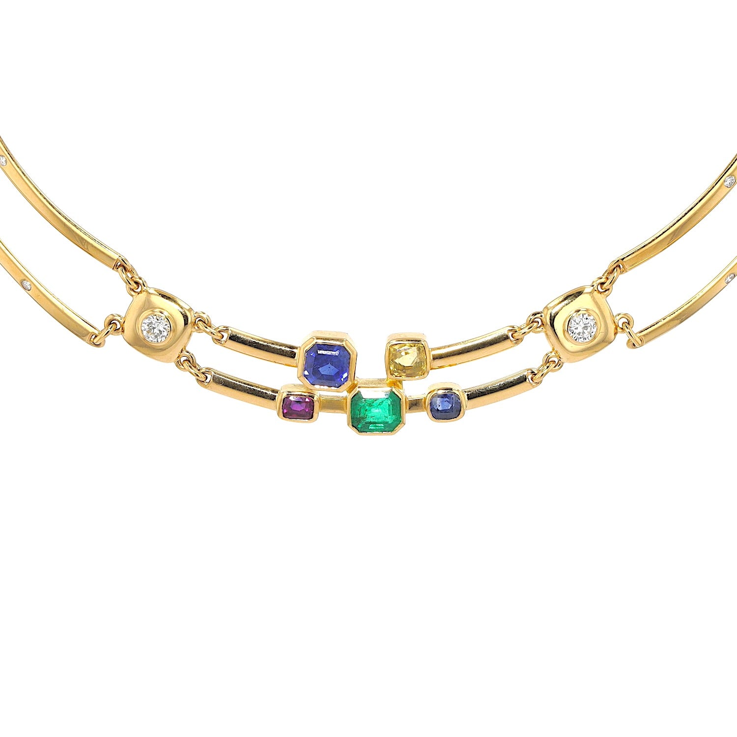 Exquisite 900 gold necklace with brilliants, 1 emerald, 3 sapphires and 1 sapphire. Ruby