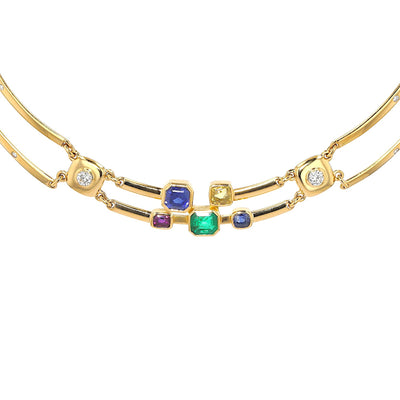 Exquisite 900 gold necklace with brilliants, 1 emerald, 3 sapphires and 1 sapphire. Ruby