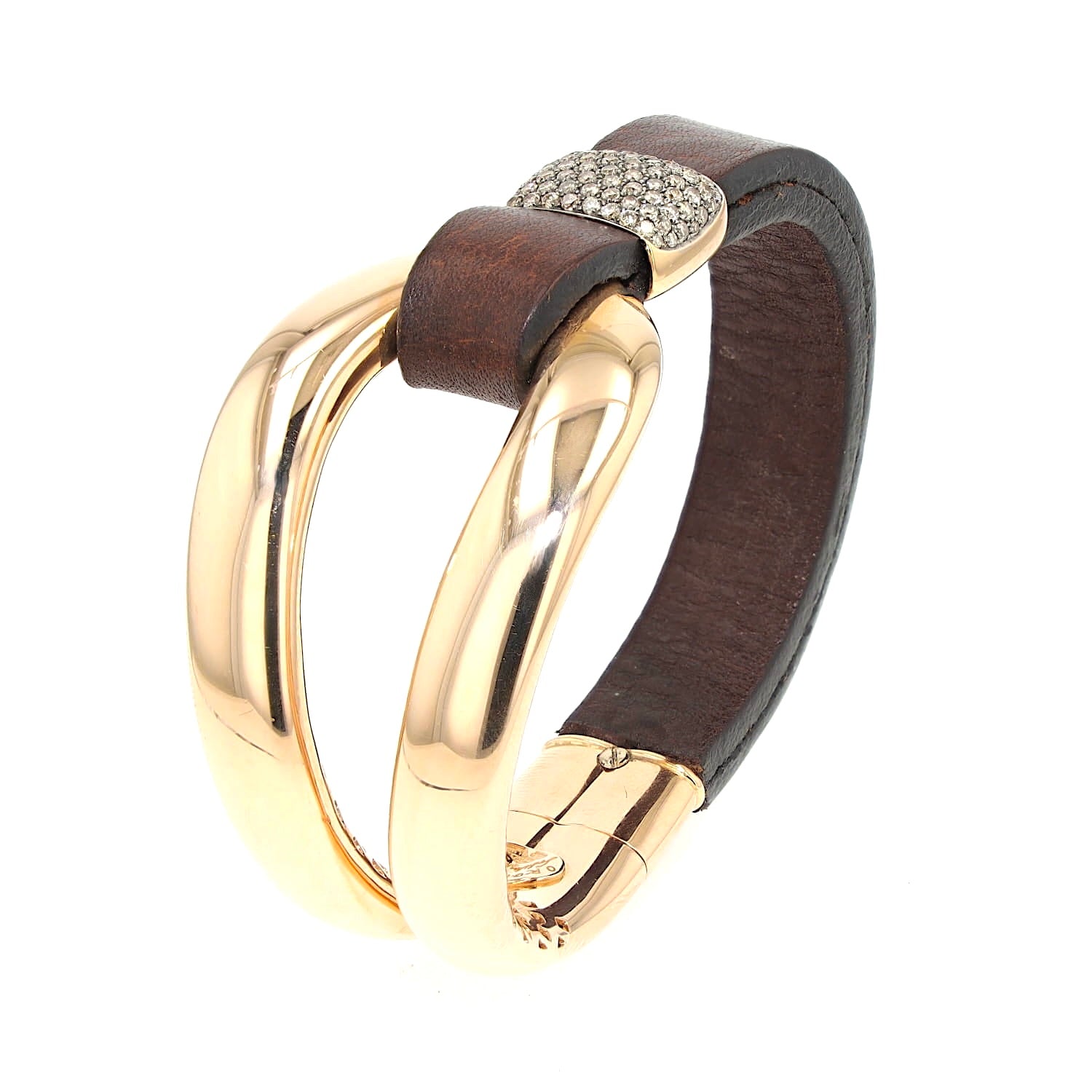 Oromalia Armband aus 750er Roségold mit ca. 1 ct Brillanten und einem Lederband, stehend inks gedreht
