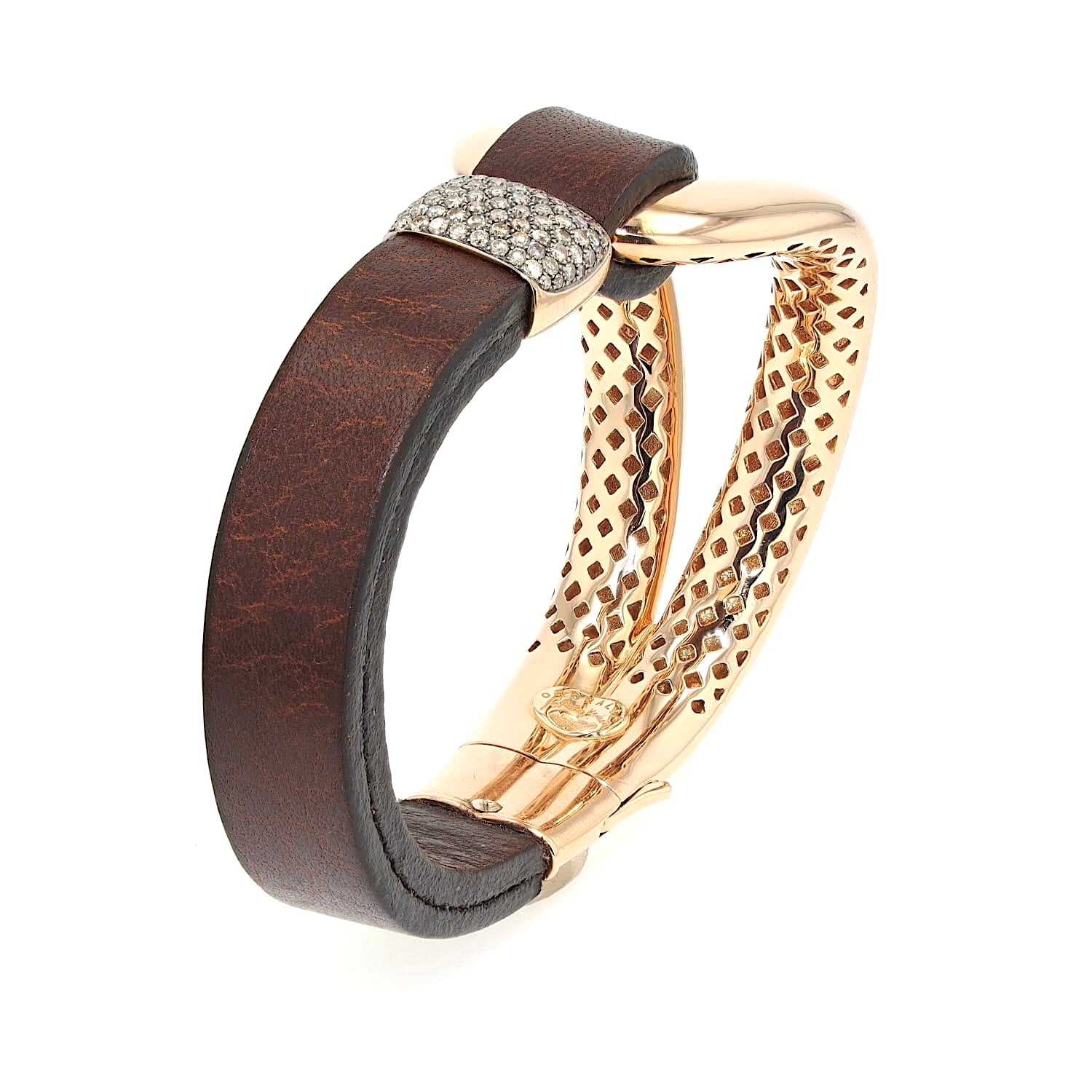 Oromalia Armband aus 750er Roségold mit ca. 1 ct Brillanten und einem Lederband, stehend rechts gedreht