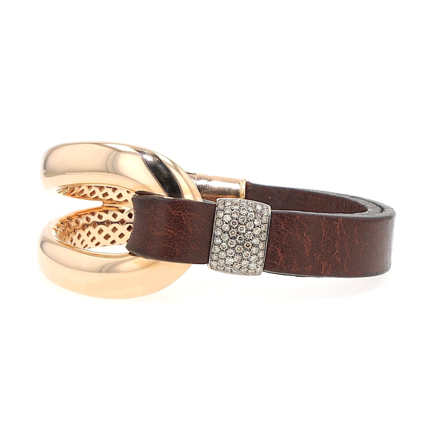 Oromalia Armband aus 750er Roségold mit ca. 1 ct Brillanten und einem Lederband, liegend frontal