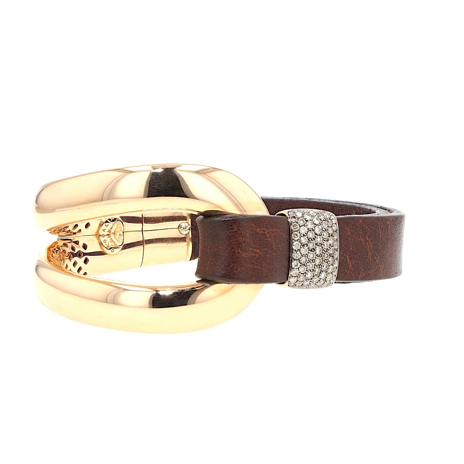 Oromalia Armband aus 750er Roségold mit ca. 1 ct Brillanten und einem Lederband, liegend rechts gedreht