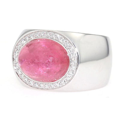 Statement Ring aus 750er Weißgold mit einem pinkfarbenen Turmalin-Cabochon und Brillanten