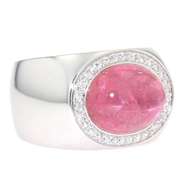 Statement Ring aus 750er Weißgold mit einem pinkfarbenen Turmalin-Cabochon und Brillanten