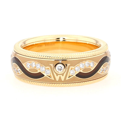 Wellendorff Drehring  in 750er Gelbgold mit ca. 0,20 ct Brillanten und Beige/ Mocca  Kaltemaille, liegend frontal