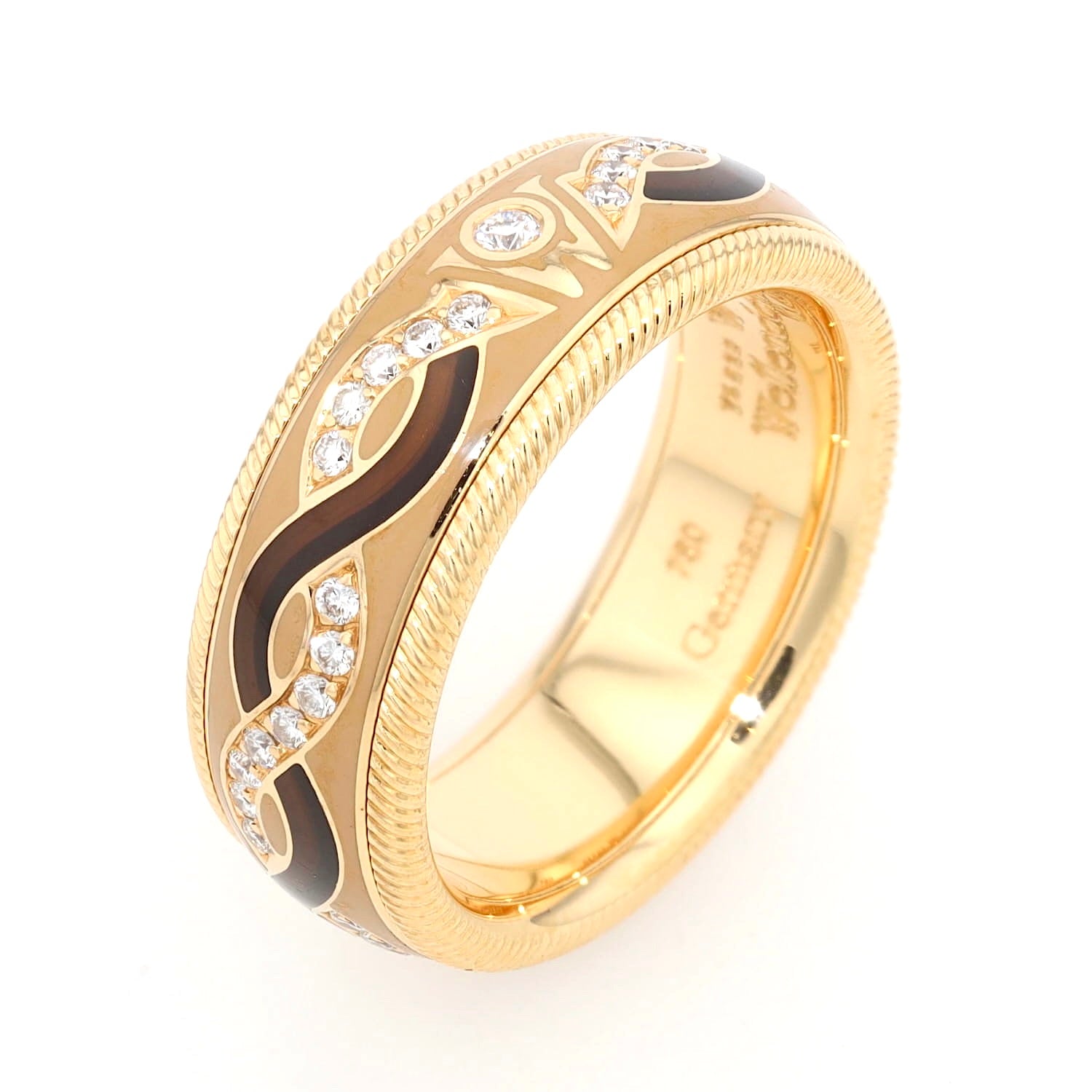 Wellendorff Drehring  in 750er Gelbgold mit ca. 0,20 ct Brillanten und Beige/ Mocca  Kaltemaille stehend Draufsicht