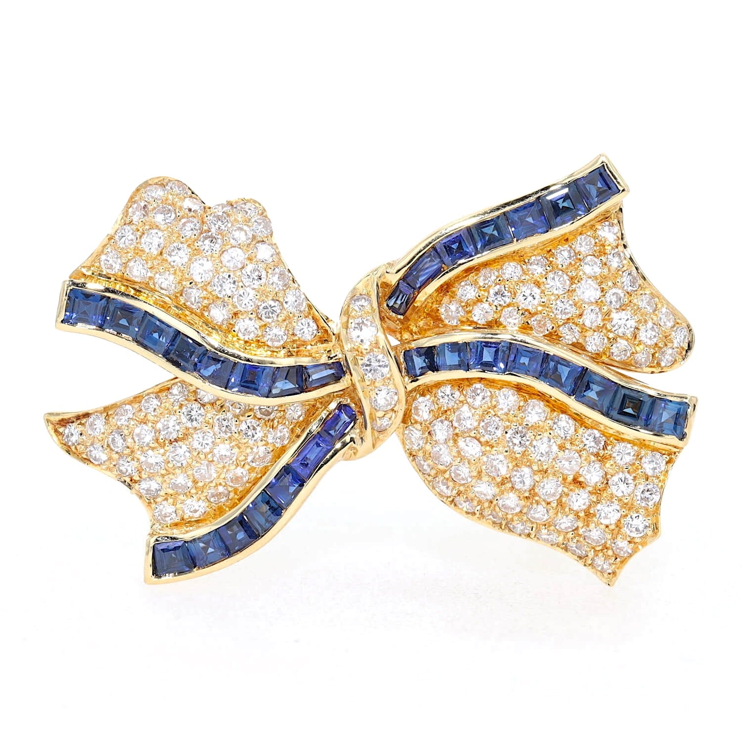 Brosche in 750er Gelbgold mit insgesamt ca. 1 ct Brillanten und blauen Saphiren, stehend frontal