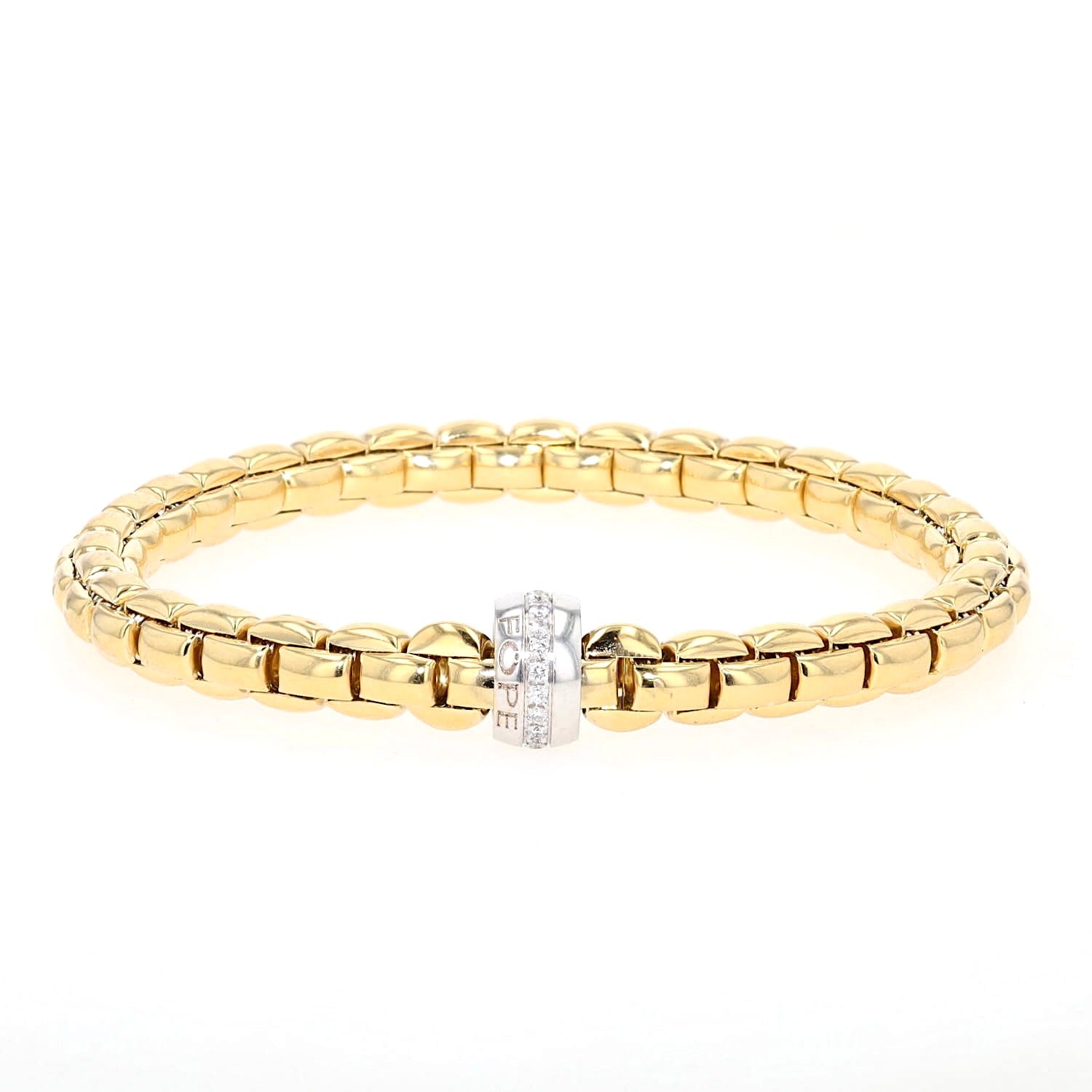 Fope Eka Flex`it Armband in 750er Gelbgold mit einer Ronde in Weißgold mit Brillanten, liegend frontal Ronde vorne