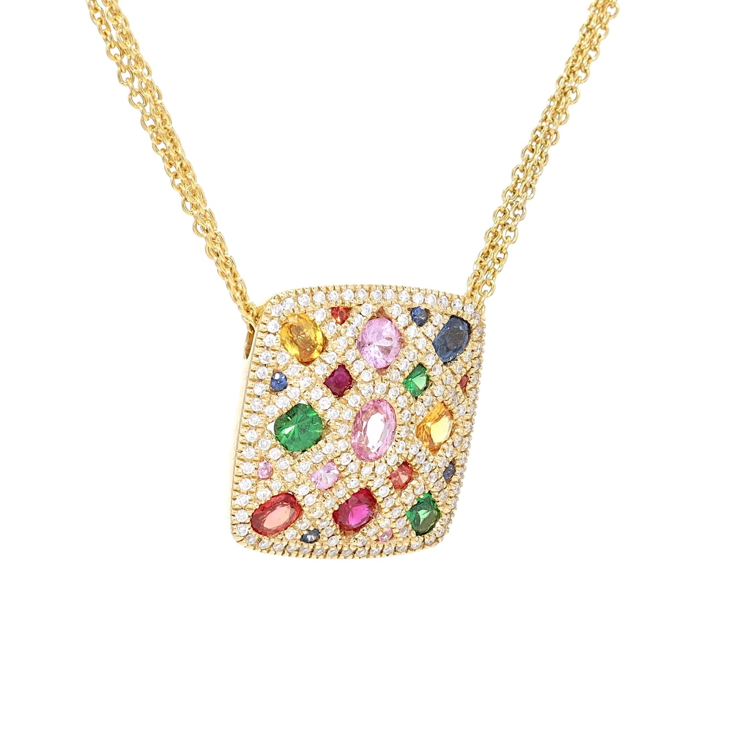 Edles Collier aus 750er Gelbgold mit Brillanten, bunten Saphiren, Rubinen und Tsavorithen, hängend nah rechts gedreht