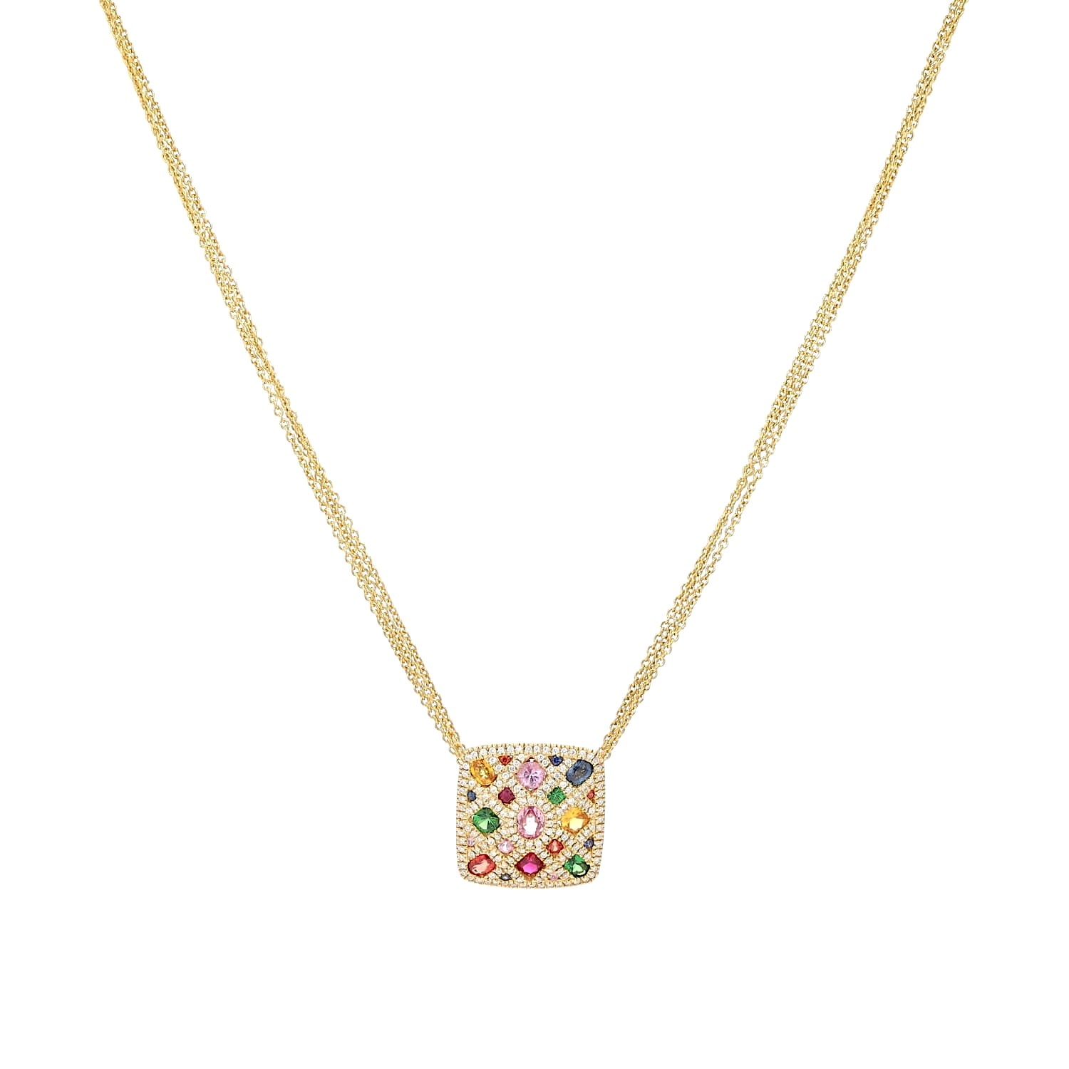 Edles Collier aus 750er Gelbgold mit Brillanten, bunten Saphiren, Rubinen und Tsavorithen, hängend frontal etwas weiter weg