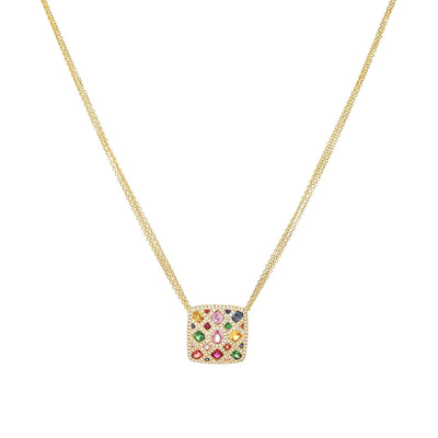 Edles Collier aus 750er Gelbgold mit Brillanten, bunten Saphiren, Rubinen und Tsavorithen, hängend frontal etwas weiter weg