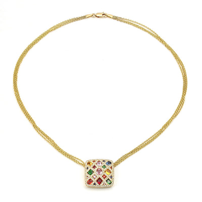 Edles Collier aus 750er Gelbgold mit Brillanten, bunten Saphiren, Rubinen und Tsavorithen, liegend geschlossen