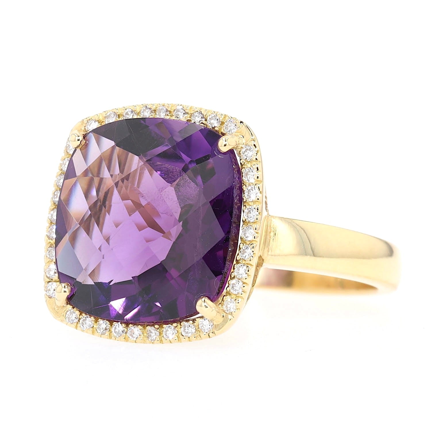 Großer italienischer Ring in 750er Gelbgold mit einem Amethyst und Brillanten, liegend links gedreht