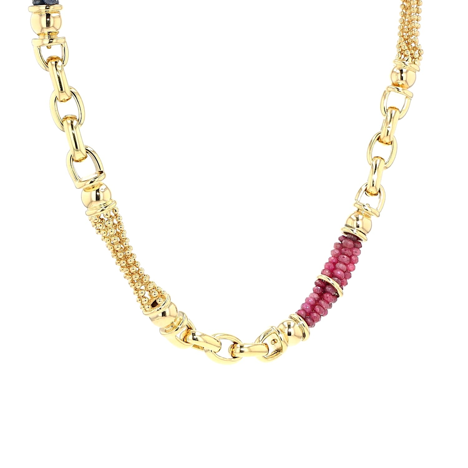 Exclusive italienische  Kette in 750er Gelbgold mit Rubinen und blauen Saphiren, hängend rechts gedreht