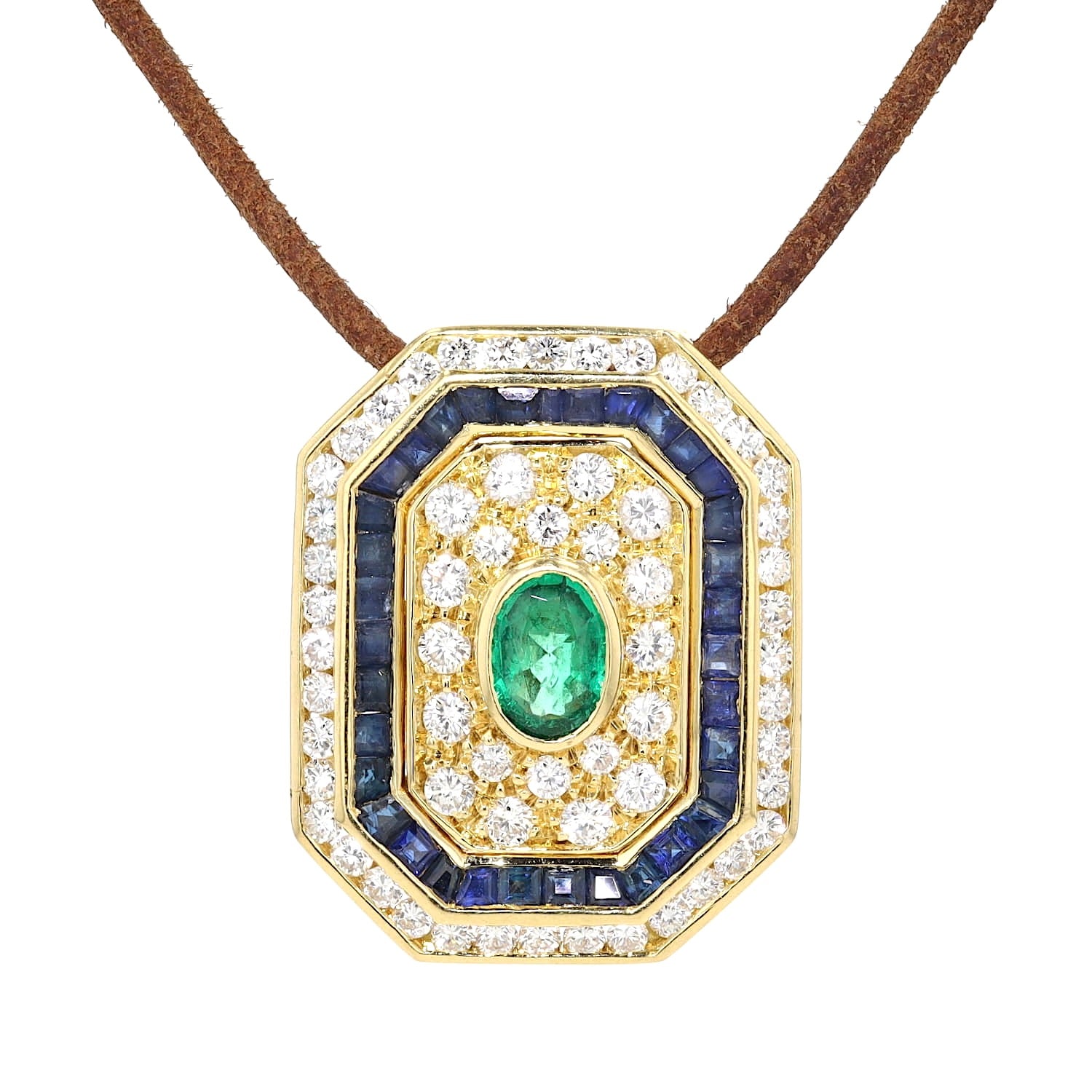 Anhänger in 750er Gelbgold mit Brillanten, blauen Saphiren und einem Smaragd, hängend frontal