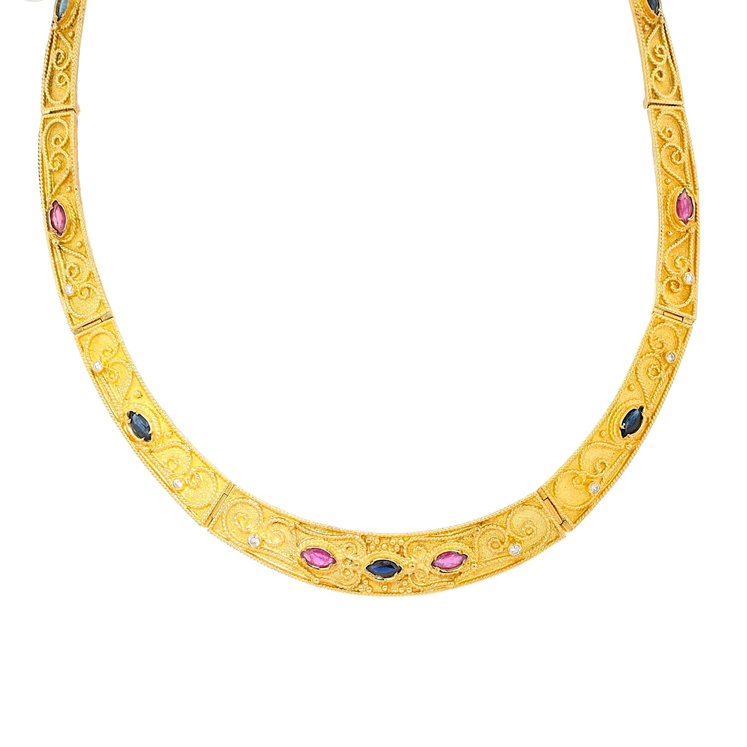 Schweres luxuriöses Collier in 750er Gelb gold mit blauen Saphiren, Rubinen und Brillanten, hängend frontal