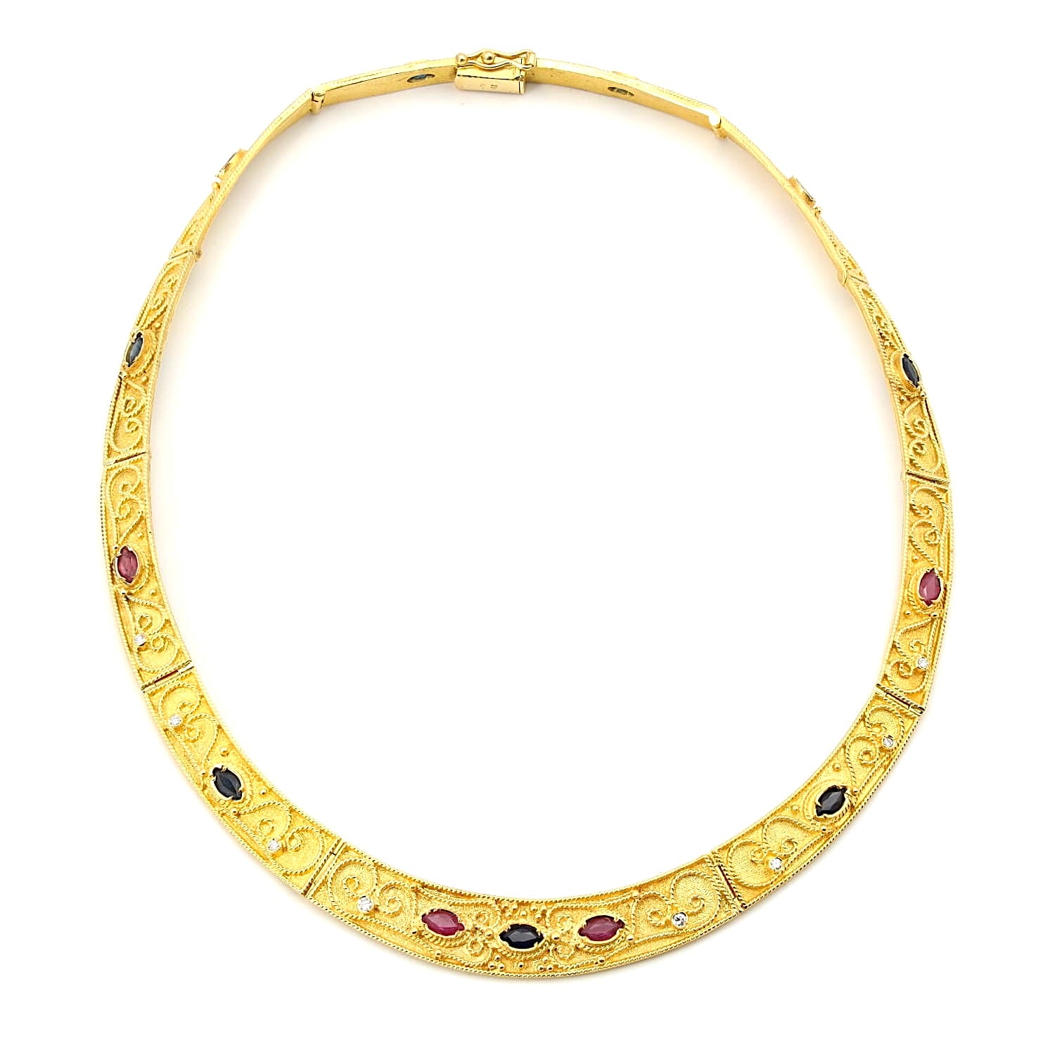 Schweres luxuriöses Collier in 750er Gelb gold mit blauen Saphiren, Rubinen und Brillanten, liegend geschlossen